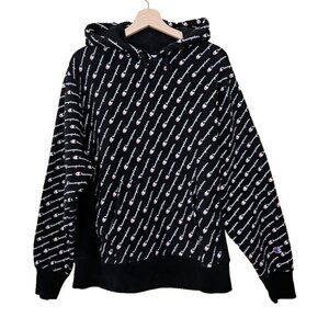Champion Hoodie Mens L Black AOP Kanga Pocket LS Reverse Weave Y2K Streetwear